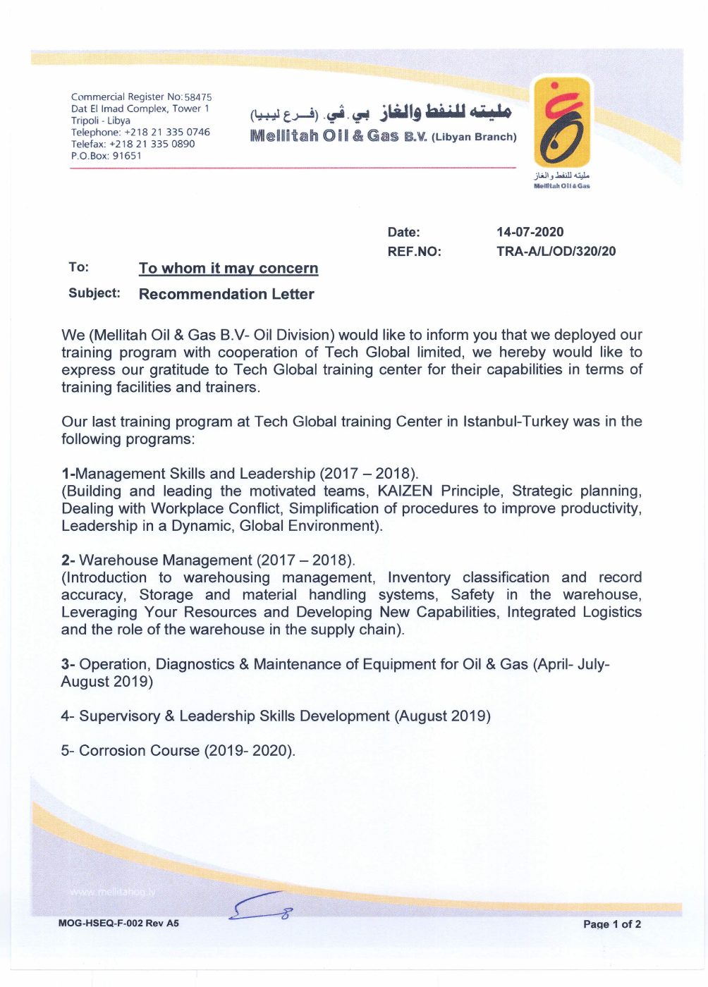 Melitah Oil & Gas Recommendation Letter — Page 1