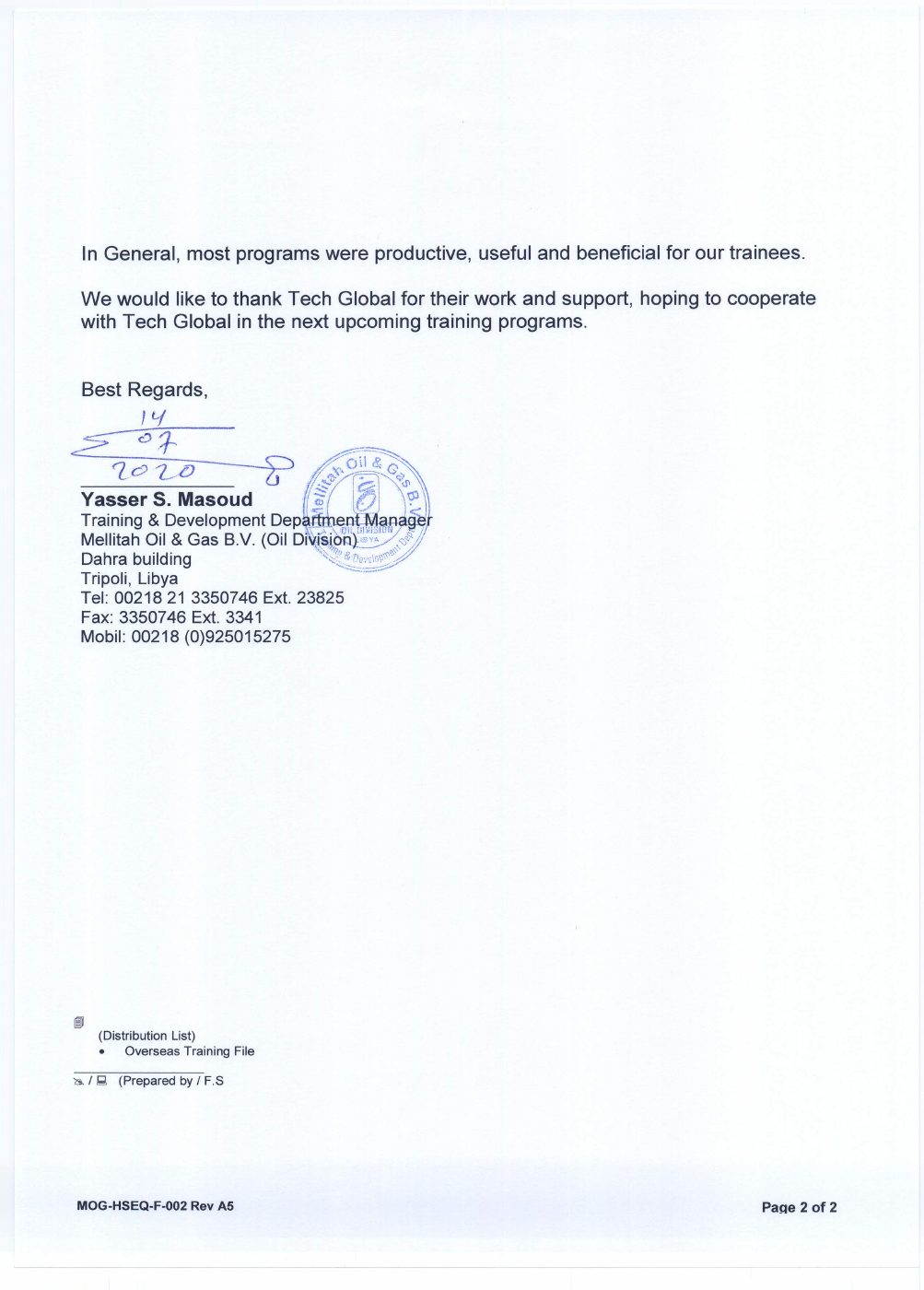 Melitah Oil & Gas Recommendation Letter — Page 2